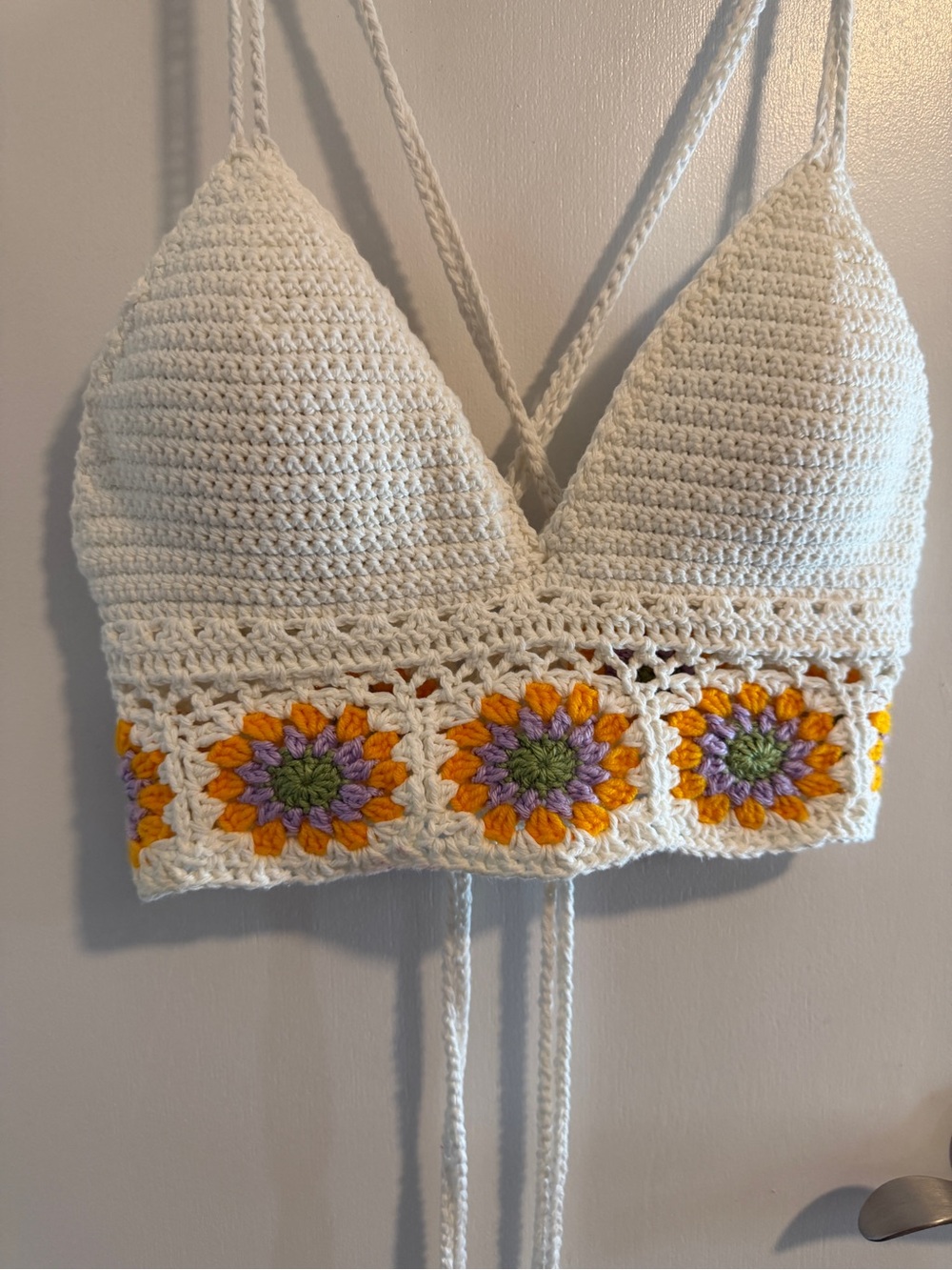 Handmade White Crochet Bralette with Yellow Floral Trim size medium - Picture 2 of 3